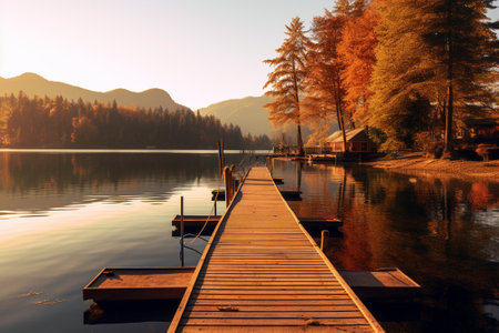 Beautiful autumn landscape. Wooden pier on the lake in mountains.の素材