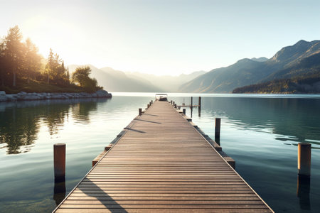 Wooden pier on the lake in the mountains at sunrise. Switzerlandの素材