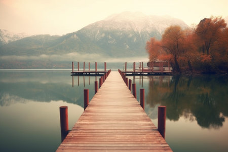 Wooden pier on the lake with reflection of mountains in the waterの素材