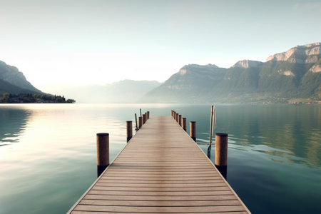 Wooden jetty on Lake Lucerne at sunrise, Switzerlandの素材