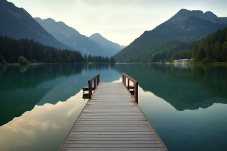 Wooden pier on a beautiful lake with mountains in the background.の素材