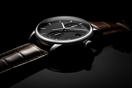 Men's wrist watch with brown leather strap on a black background.の素材