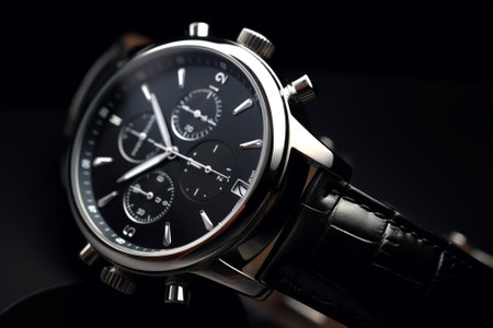 Men's wrist watch with black dial and stainless steel bracelet on black backgroundの素材