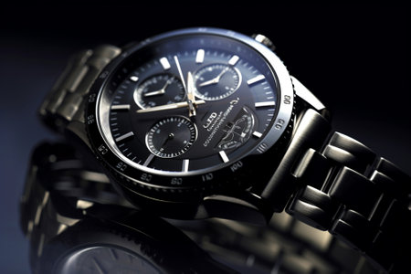 Luxury men wrist watch on black background, closeup.の素材