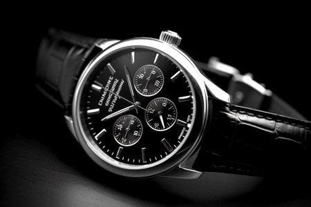 Men's wrist watch on a black background. Black and white photo.の素材