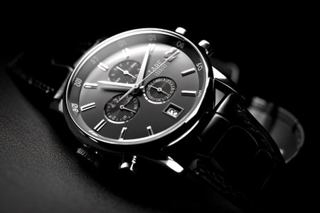 Wrist watch closeup on black background. Black and white photo.の素材
