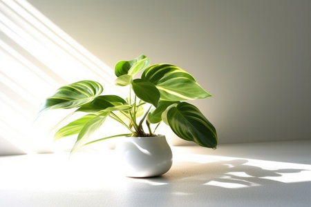 Indoor plant in a white pot on the windowsill with sunlightの素材