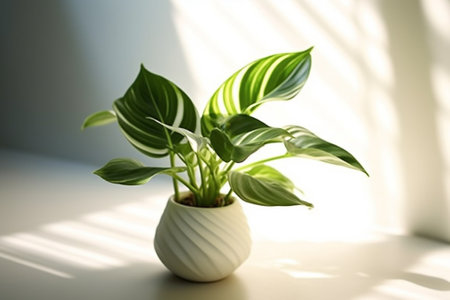 Beautiful green houseplant in vase on windowsill, closeupの素材