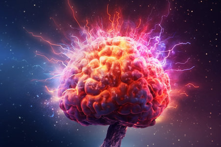 Human brain with thunderbolt, 3d illustration, horizontal, over dark backgroundの素材
