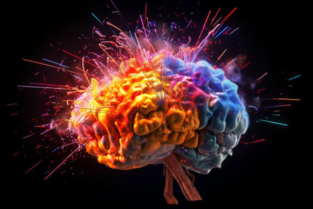 Human brain with fireworks isolated on black background. 3D illustration.の素材
