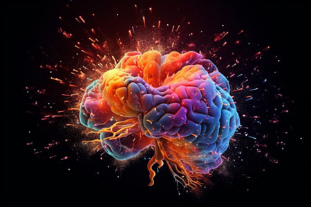 3d illustration of brain with colorful paint splashes on black backgroundの素材