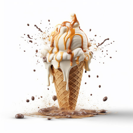 Ice cream with chocolate and caramel isolated on white background. 3d illustrationの素材