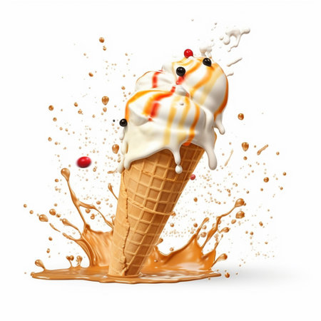 ice cream in a waffle cone with splashes and drops isolated on white backgroundの素材
