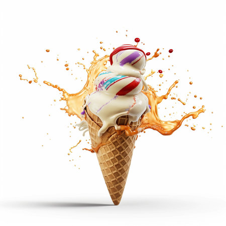 Ice cream in waffle cone with splash isolated on white background. 3d illustrationの素材
