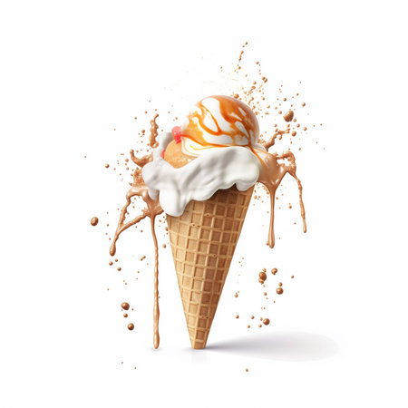 Ice cream in waffle cone with splash isolated on white background.の素材