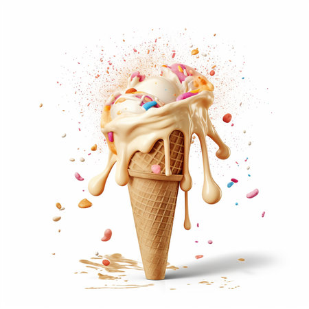Ice cream in waffle cone with splashes, isolated on white backgroundの素材