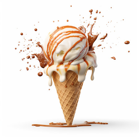Ice cream in a waffle cone with caramel sauce and splashes on a white backgroundの素材