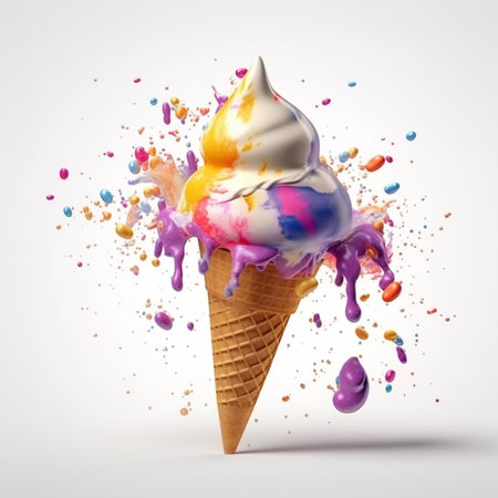Ice cream in waffle cone with colorful splashes isolated on white backgroundの素材