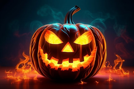 Halloween pumpkins with fire on dark background. 3d illustrationの素材