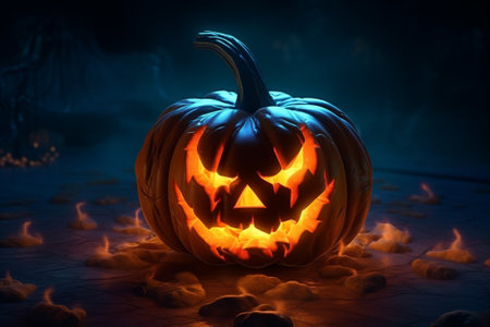 Halloween pumpkin head jack-o-lantern on dark backgroundの素材