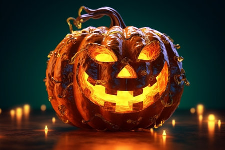 Halloween pumpkin with burning candles on dark background. 3d illustrationの素材