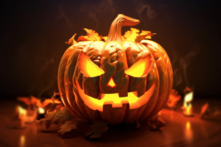Halloween pumpkin head jack o lantern glowing in dark with autumn leavesの素材