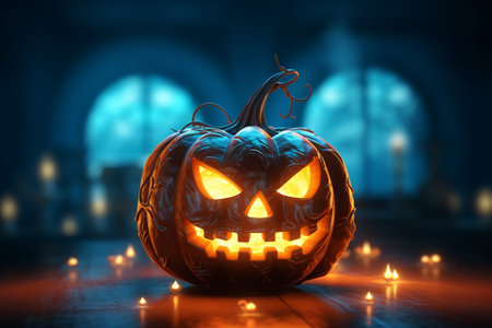 Halloween pumpkins and candles on dark background. 3d renderingの素材