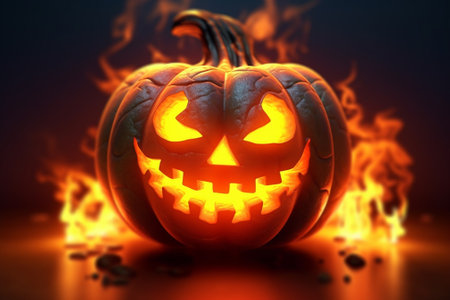 Halloween pumpkin on fire background. 3D illustration. Halloween concept.の素材