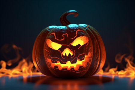 Halloween pumpkin with burning eyes on dark background, 3d renderの素材