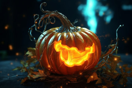 Halloween pumpkin on dark background with bokeh lights and smokeの素材