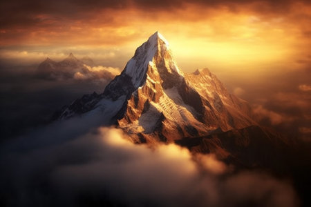 Mountain landscape with snow and clouds at sunset, Nepal, Asiaの素材