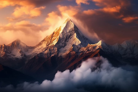 Mountain landscape with clouds at sunset. Himalayas, Nepalの素材