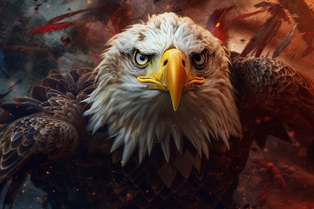 Bald Eagle with smoke and fire background. 3D illustration.の素材