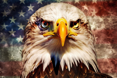 Bald Eagle on USA flag background. 3D Rendering.の素材