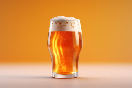 Glass of beer with foam on orange background. 3D illustration.の素材