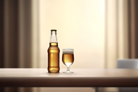 Bottle of beer with ice cubes on a wooden table in a restaurantの素材