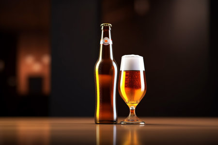 bottle of beer and glass on wooden table in dark room with blindsの素材