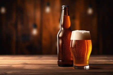 Beer bottle and glass on orange background. Copy space for text.の素材