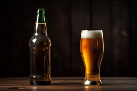Glass and bottle of beer on a wooden table. Dark background.の素材