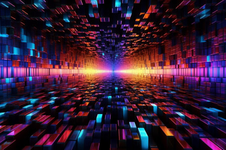 abstract background with blue and red glowing cubes and reflections in itの素材