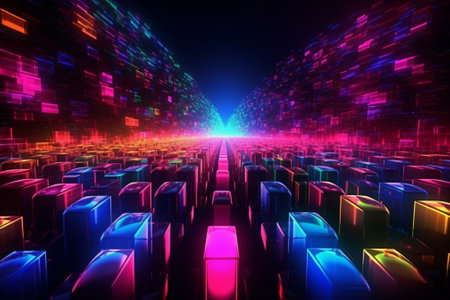 Futuristic technology background with glowing cubes. 3D Renderingの素材