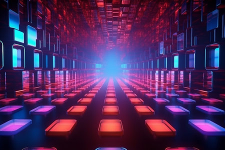 3d illustration of abstract technology background with glowing neon squares, 3d renderingの素材