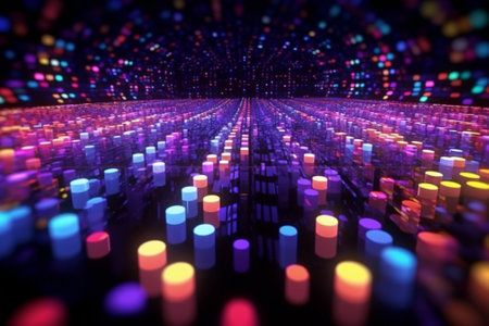3d rendering of abstract geometric composition with glowing particles in empty spaceの素材