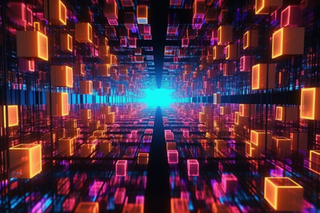abstract 3d illustration of technology background with glowing cubes and lightsの素材