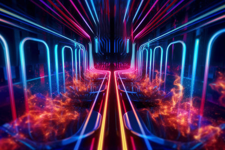 3D abstract background with neon lights and tunnel. 3d illustrationの素材