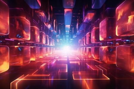 Futuristic corridor with glowing neon lights. Futuristic background. 3D renderingの素材