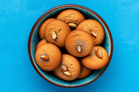 Cookies with nuts in a bowl on blue background. Top view.の素材
