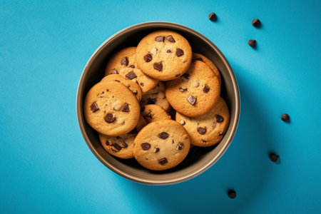 Chocolate chip cookies in a bowl on blue background, top viewの素材
