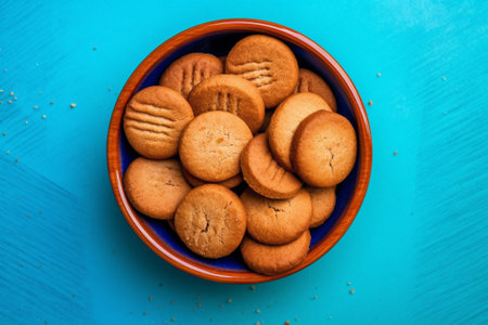 biscuits in a bowl on a blue background, top viewの素材