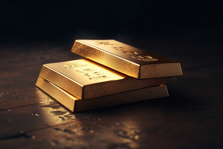 Stack of gold bars on a wooden table. 3D Renderingの素材